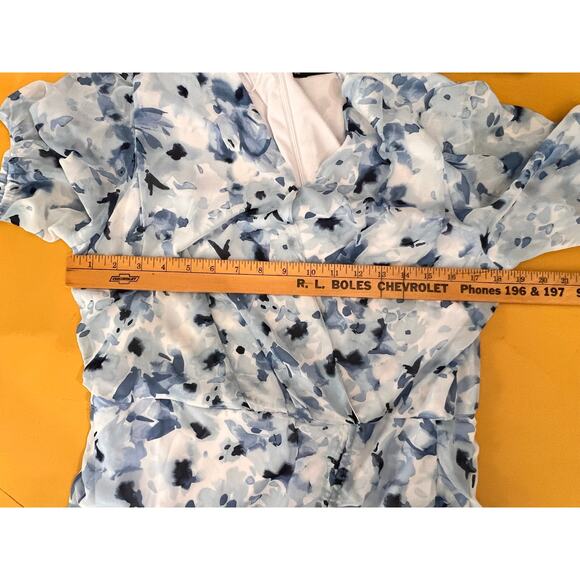 Be by Chetta B Floral Print Puff Sleeve Ruched Sheath Dress Blue Women's 16 NWT - Picture 6 of 7